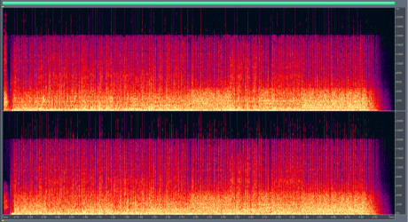 MP3 – 192 kbps Enda mindre informasjon over 16 kHz enn med 320 kbps. Et annet problem som ikke synes i dette bildet, er drop-outs i lavere frekvenser.