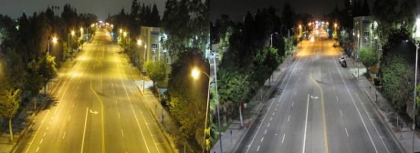 Bilde tatt av samme gate før og etter gatelysene er skiftet til LED. Foto: Los Angeles Bureau of Street Lighting