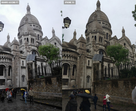 Samme motiv, Sacré-Coeur i Paris, skutt med iPhone 5S (til høyre) og Huawei Ascend P7 (til venstre). 