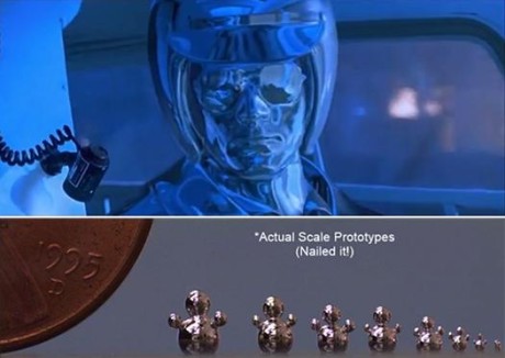 Over: T-1000 fra Terminator 2. Under: Babyskritt mot den ekte varen.