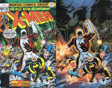Det er ikke bare på film at kontrastfargene oransje og blått går igjen. Til venstre førsteutgaven av X-Men nr. 109 fra 1978, til høyre nyutgivelsen. Langt mer smell og dybde, men selve fargepaletten er mer utvasket.