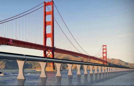 Slik kan beskuelsen av Golden Gate Bridge i San Fransisco bli, om Hyperloop blir virkelighet.