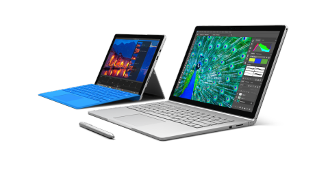 Surface Pro 4 og Surface Book side om side. Sidstnevnte kommer vi ikke til å kunne kjøpe i Norge med det første. Foto: Microsoft