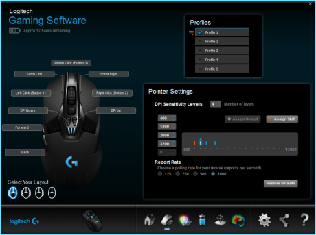 Den medfølgende programvaren lar brukeren kalibrere musen til underlaget, samt spesialtilpasse lys, knapper osv.