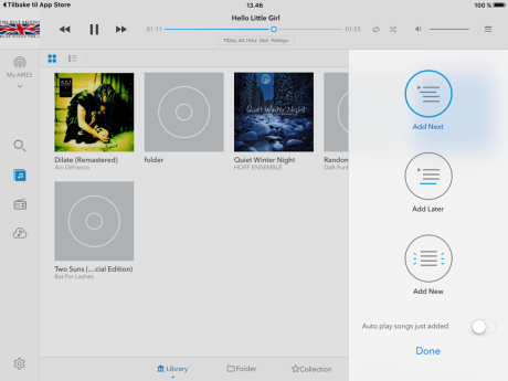 Musikkbiblioteket på USB-minne eller nettverks-harddisk er ryddig presentert, med ikoner hvis tilgjengelig. Foto: Skjermdump fra iPad-appen.
