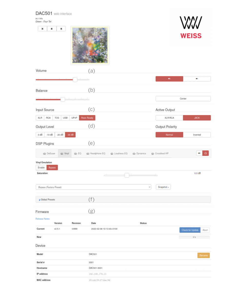 Weiss DAC501 web interface